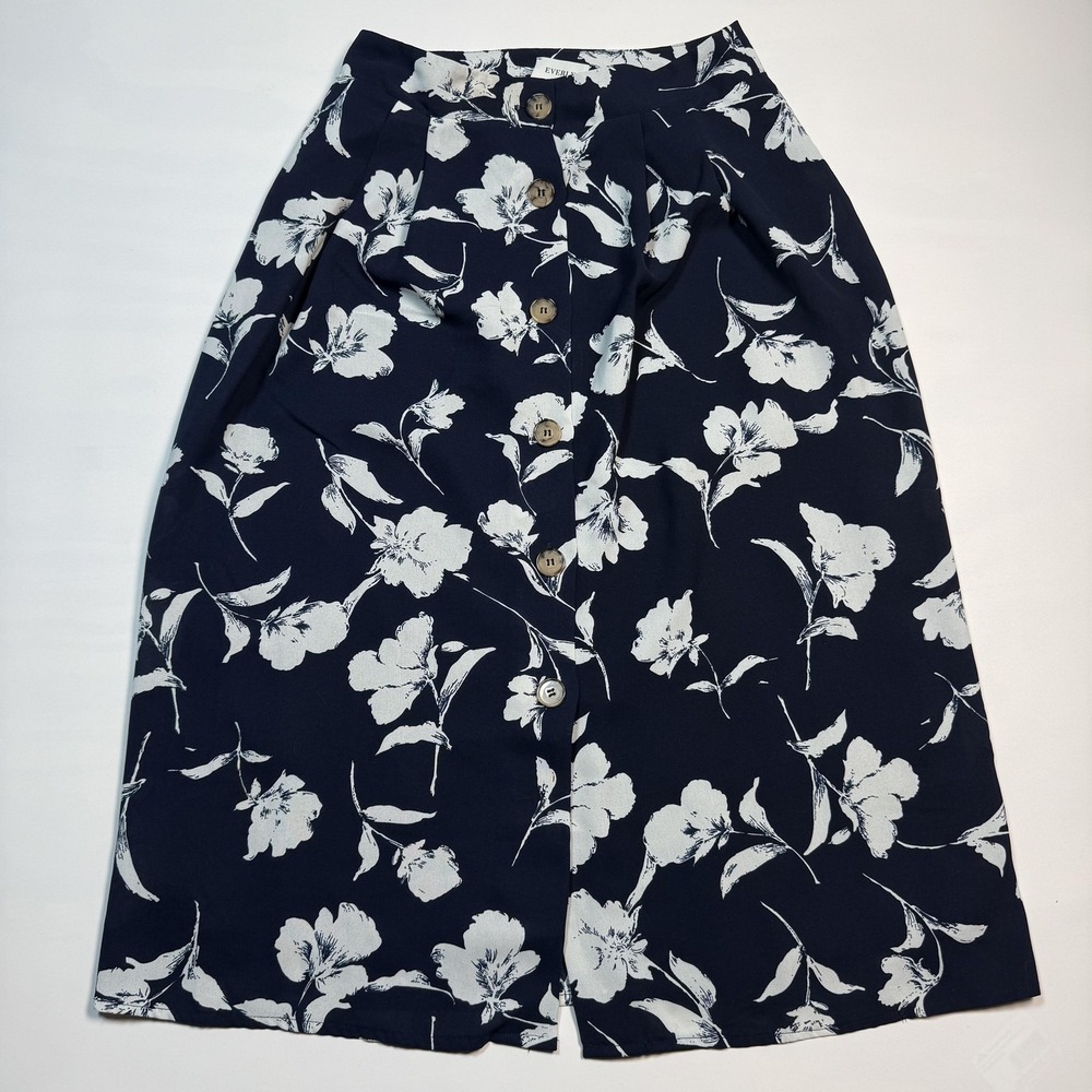 Everly Skirt Womens Small Navy Blue Floral Button Front Midi Lined A Line